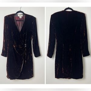 Vintage Jones New York Brown Rust Crushed Velvet Wrap Knee Length Dress Size 12
